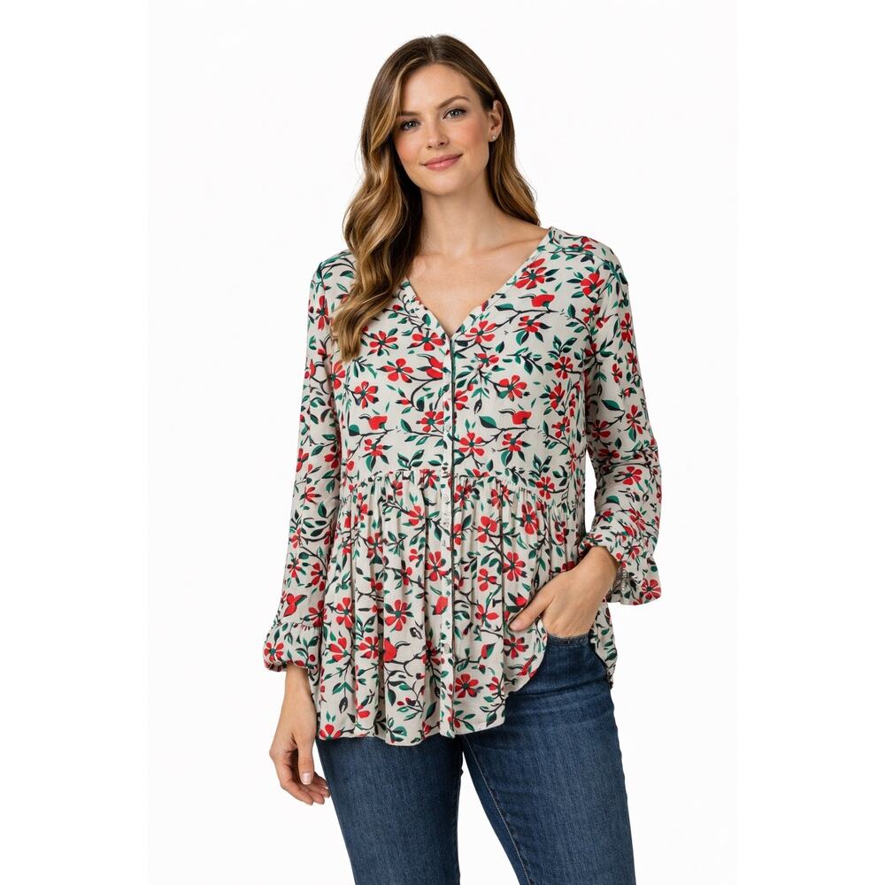 Stella Forest White Floral Blouse Sheer Button Front Womens FR 40 US Large